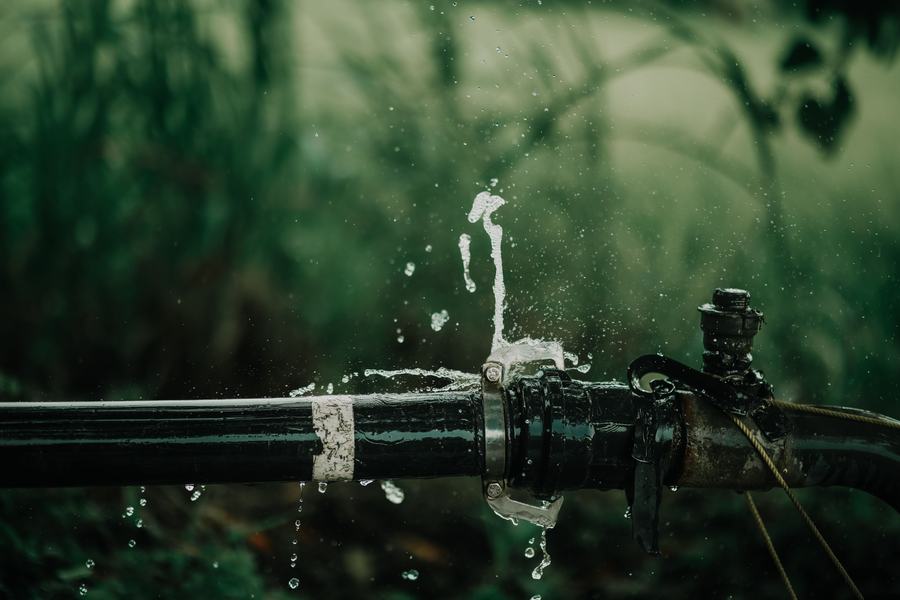 Tuyau métallique noir qui fuit et laisse perler des gouttes d'eau, au milieu de la verdure